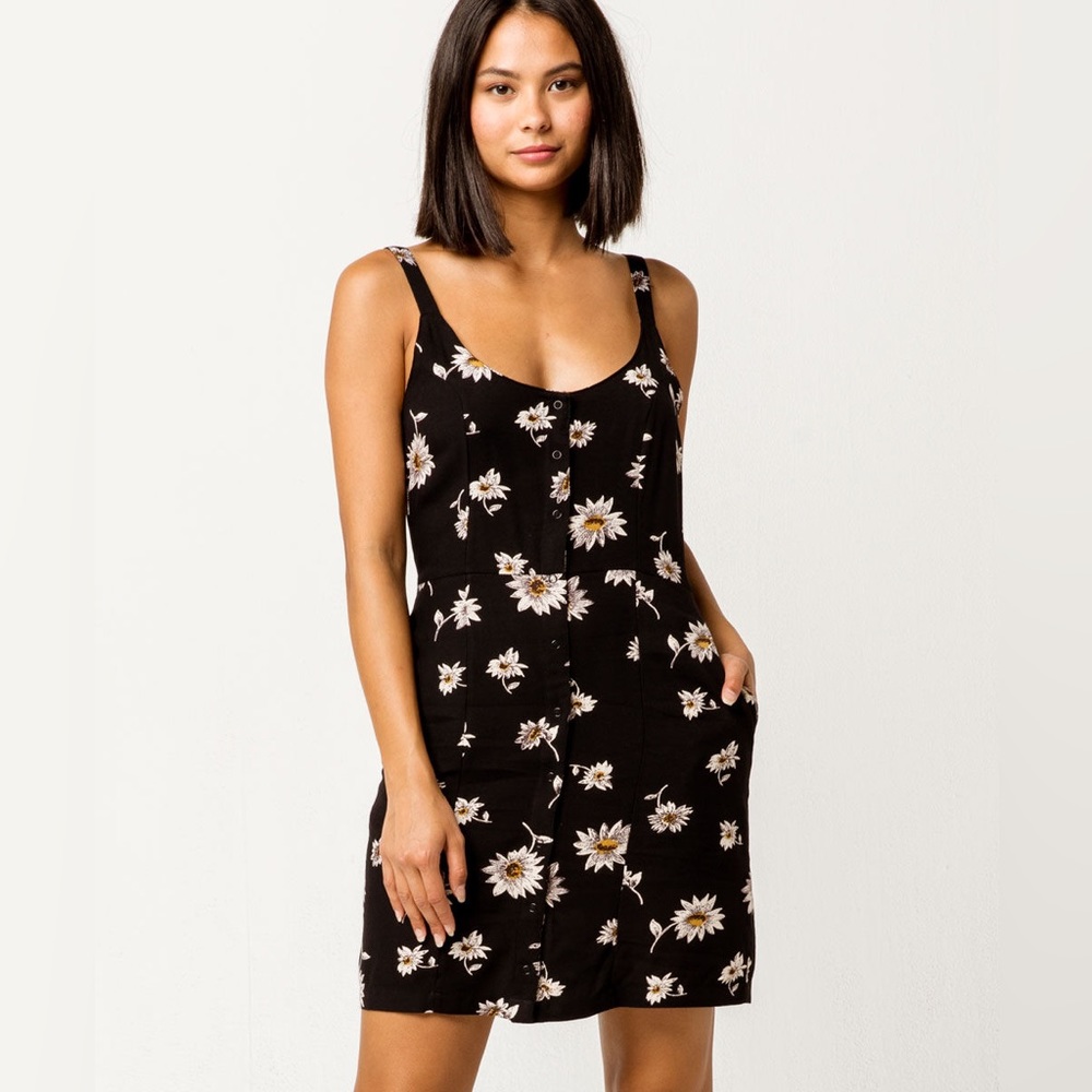 RVCA Upper Black Sleeveless Button Down Sunflower Adjustable Strap Summer Dress